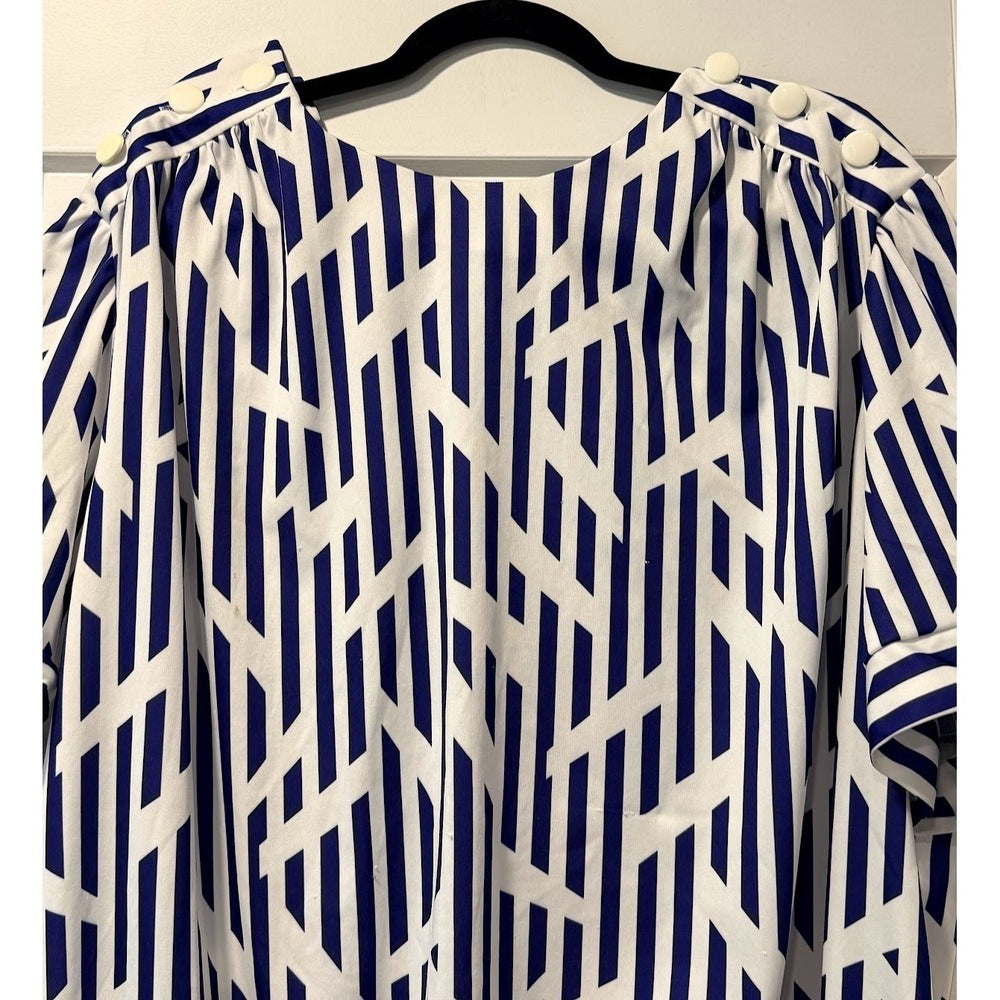 Vintage Top Notch Geometric Pattern Blue & White Polyester SS Top Ladies Sz XL
