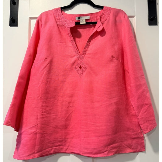 Carole Little Pink Linen Beaded Top Ladies Size Large