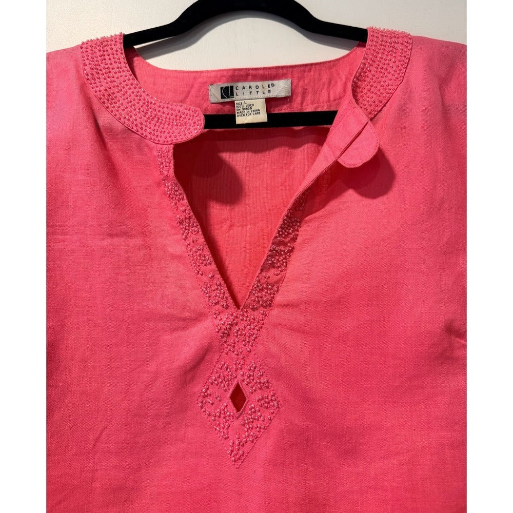Carole Little Pink Linen Beaded Top Ladies Size Large