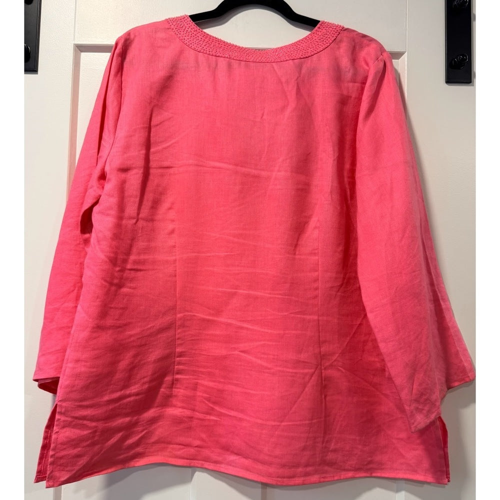 Carole Little Pink Linen Beaded Top Ladies Size Large