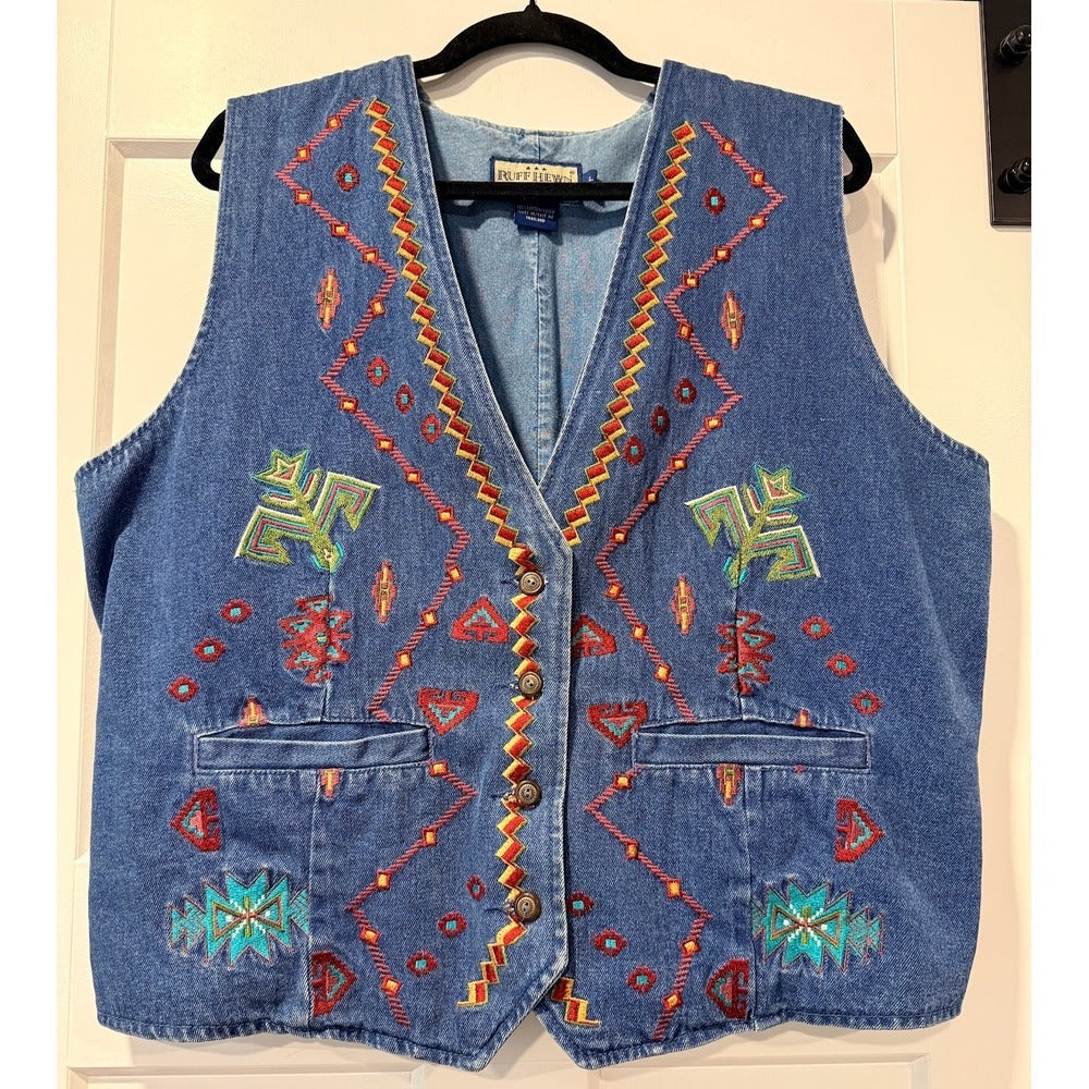 Vintage Ruff Hewn Embroidered Western-Style Denim Vest Ladies Sz Large