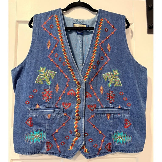 Vintage Ruff Hewn Embroidered Western-Style Denim Vest Ladies Sz Large