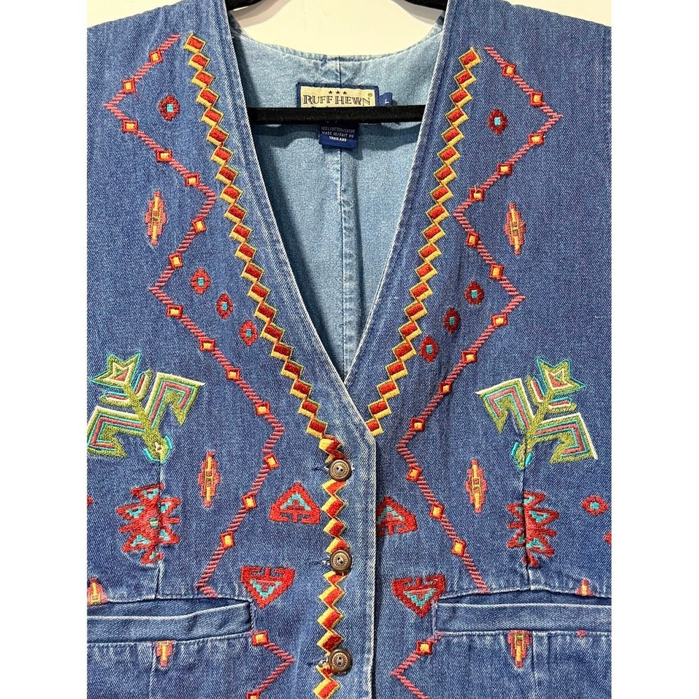Vintage Ruff Hewn Embroidered Western-Style Denim Vest Ladies Sz Large