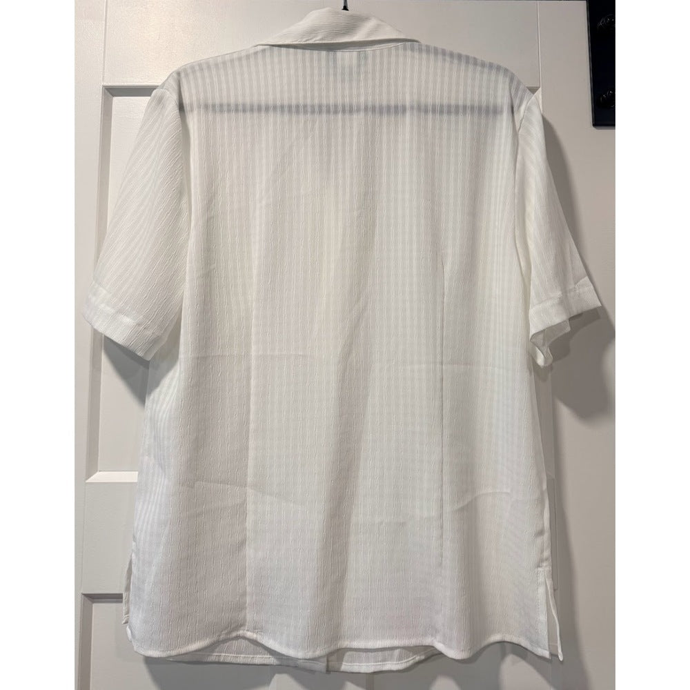 Vintage Joanna Short-Sleeve White Button-Front Textured Blouse Ladies Sz M