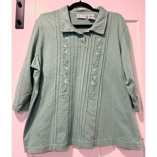 Vintage Blair Floral Embroidered Light Green 3/4-Length Sleeve Tee Size XL