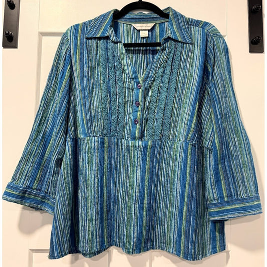 Vintage Christopher & Banks Blue & Green Gauzy Striped Blouse Sz XL