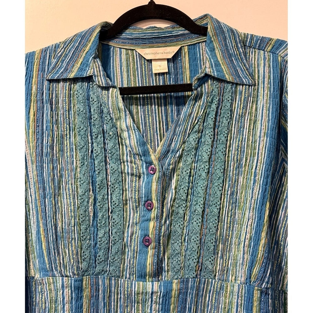 Vintage Christopher & Banks Blue & Green Gauzy Striped Blouse Sz XL
