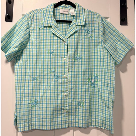 Vintage Alfred Dunner Teal & Lime Short-Sleeve Embroidered Blouse Sz 18