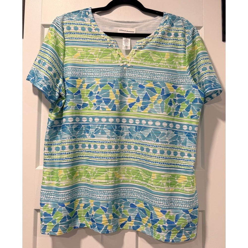 Alfred Dunner Vibrant Teal & Lime Green Embellished Short-Sleeve Tee Sz M