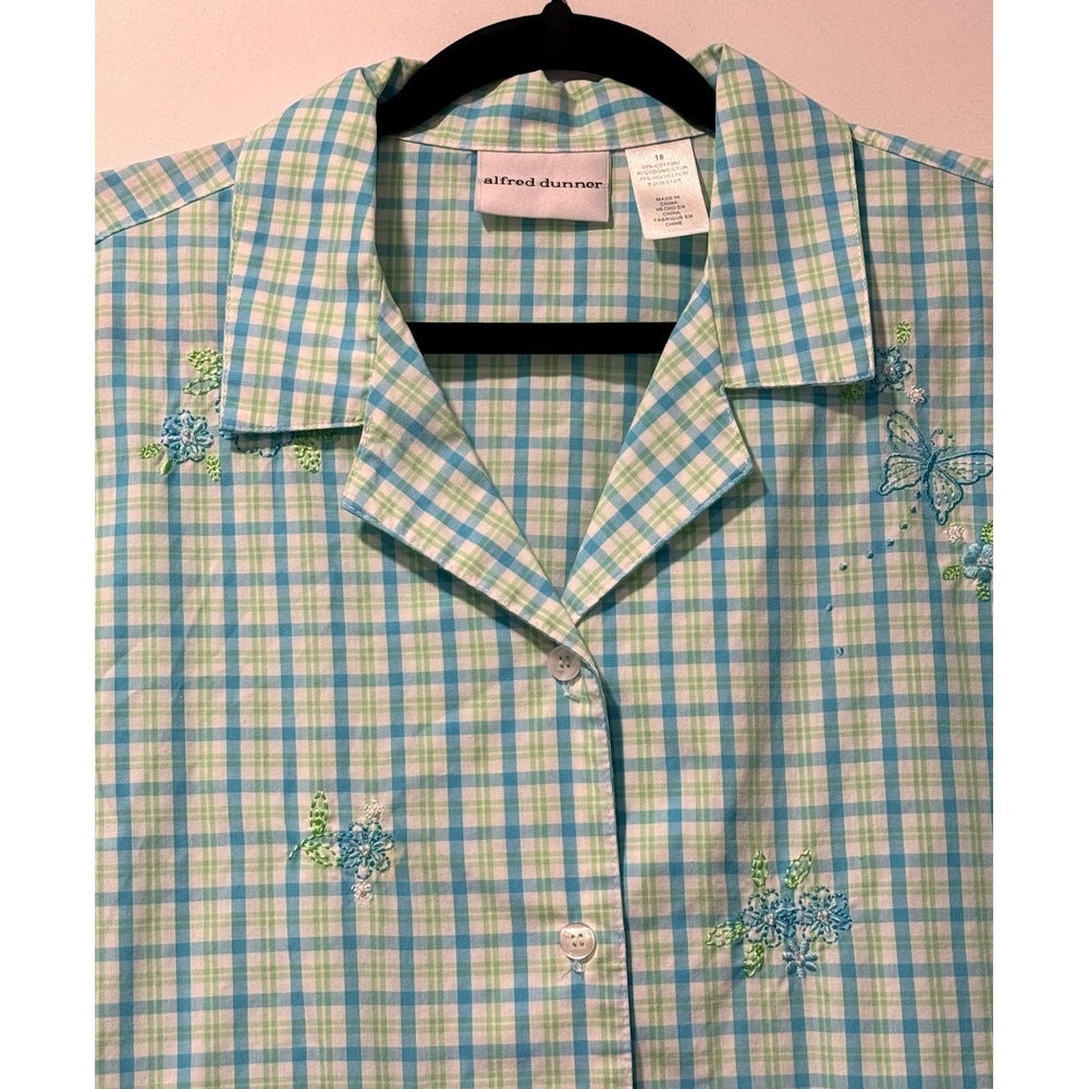Vintage Alfred Dunner Teal & Lime Short-Sleeve Embroidered Blouse Sz 18
