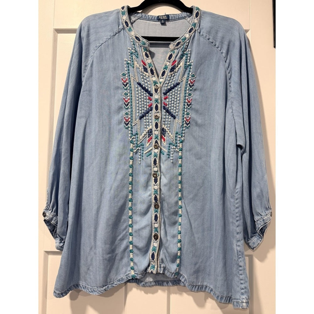 Reba Chambray Light Denim Embroidered Button-Front Top Size XL