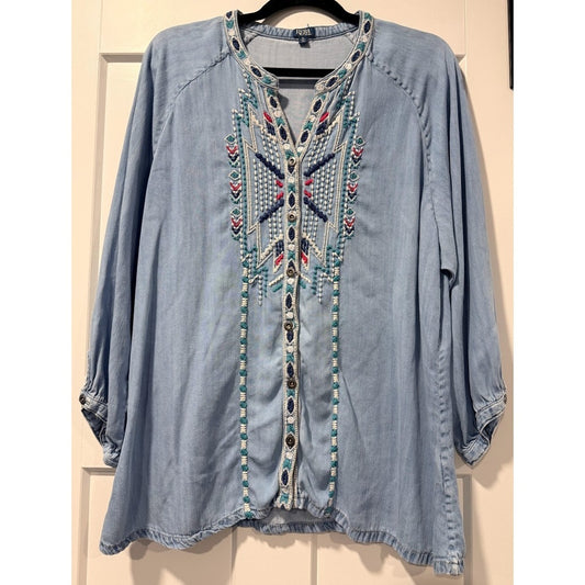 Reba Chambray Light Denim Embroidered Button-Front Top Size XL