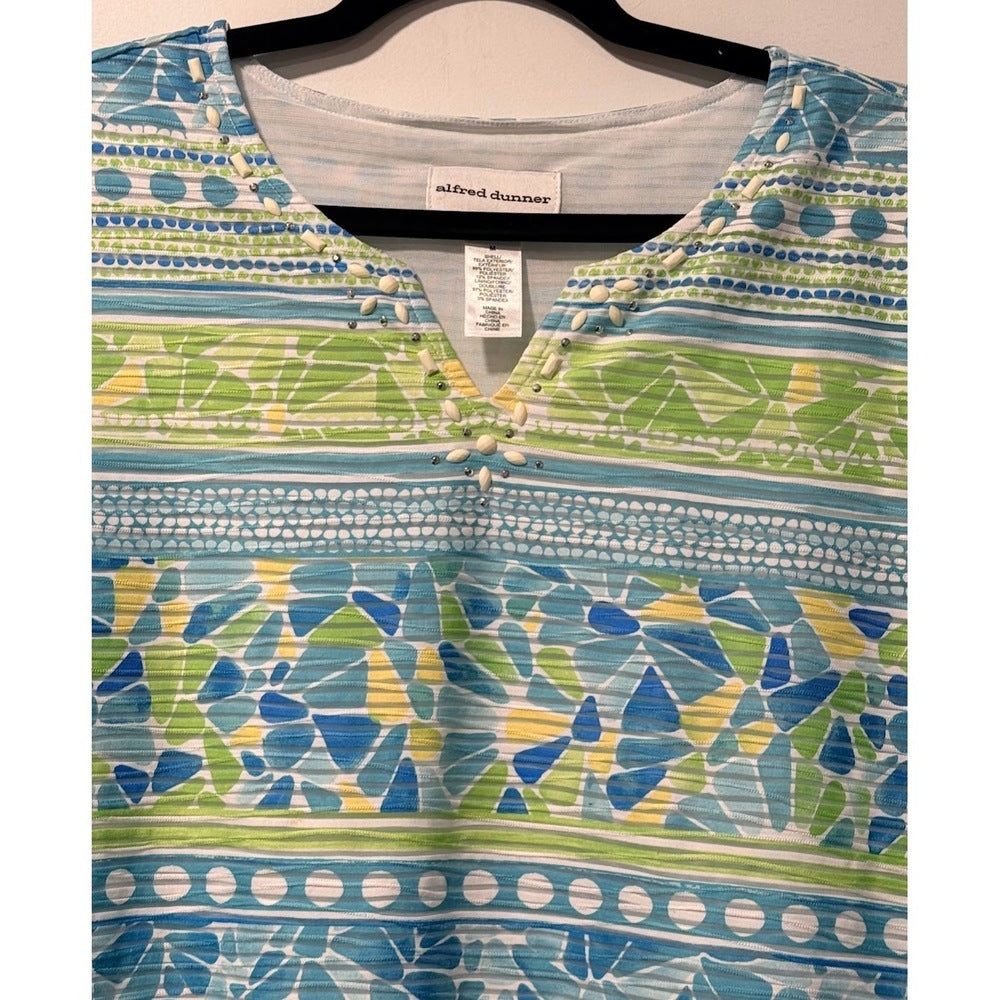 Alfred Dunner Vibrant Teal & Lime Green Embellished Short-Sleeve Tee Sz M