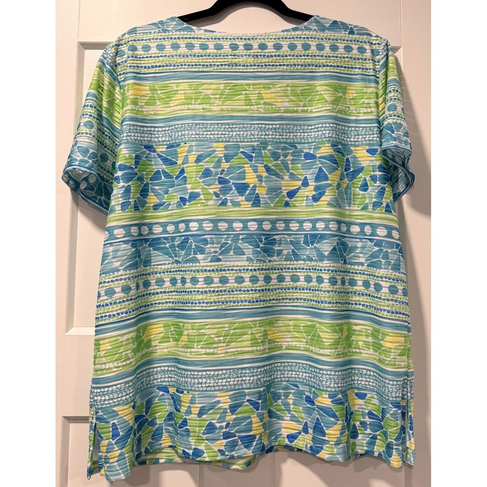 Alfred Dunner Vibrant Teal & Lime Green Embellished Short-Sleeve Tee Sz M