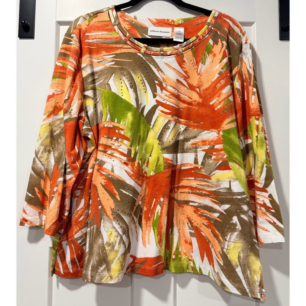 Alfred Dunner Tropical Leaves 3/4-Length Sleeve Tee w/ Sparkles Size XL