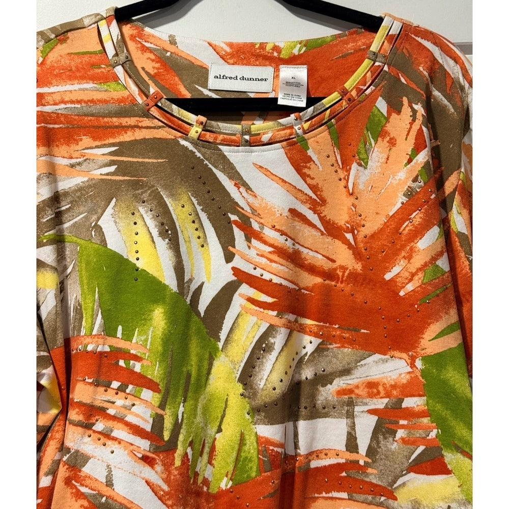 Alfred Dunner Tropical Leaves 3/4-Length Sleeve Tee w/ Sparkles Size XL