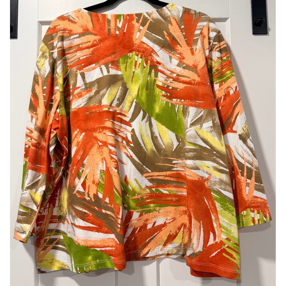 Alfred Dunner Tropical Leaves 3/4-Length Sleeve Tee w/ Sparkles Size XL
