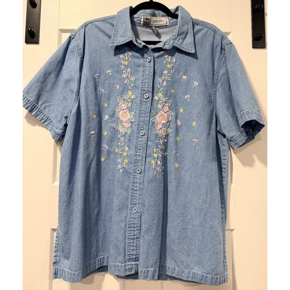 Vintage Floral Embroidered Short-Sleeve Denim Blouse by Passion-I Sz XL