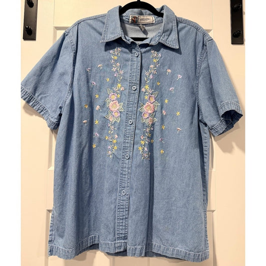 Vintage Floral Embroidered Short-Sleeve Denim Blouse by Passion-I Sz XL