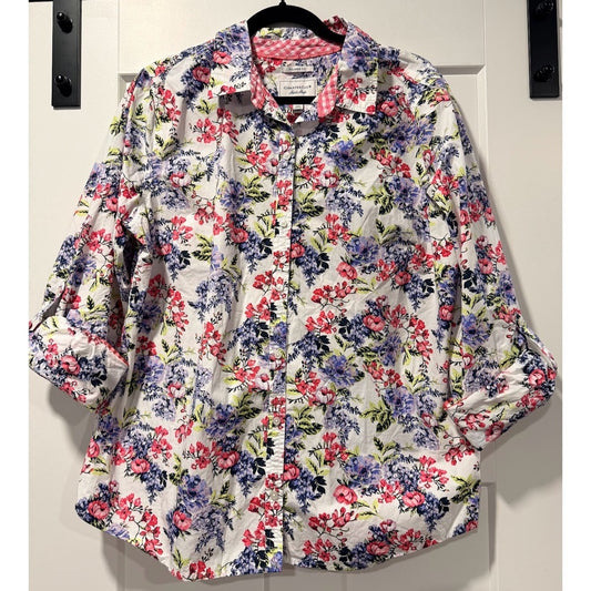 Charter Club Romantic Floral Cotton Button Front Blouse Ladies Size 18