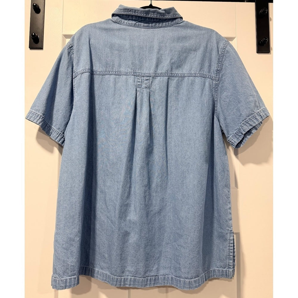 Vintage Floral Embroidered Short-Sleeve Denim Blouse by Passion-I Sz XL