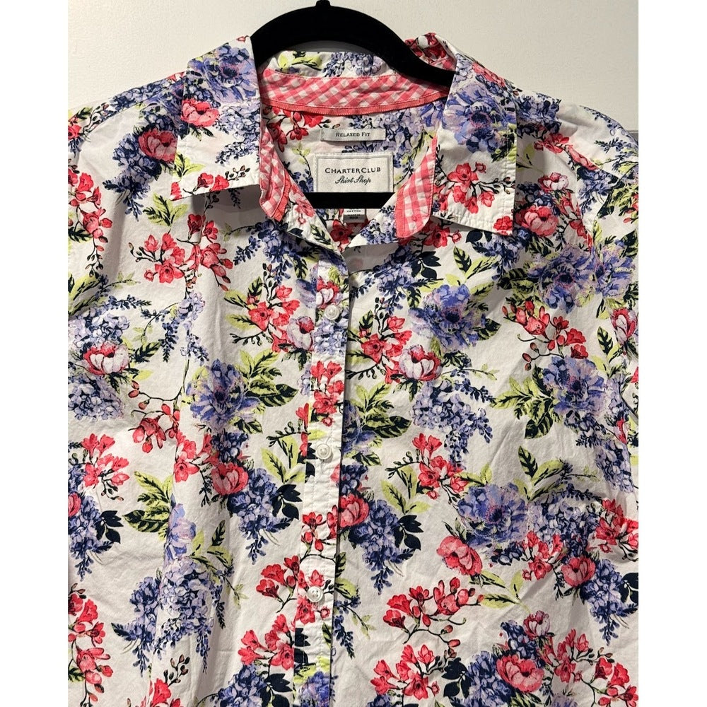 Charter Club Romantic Floral Cotton Button Front Blouse Ladies Size 18