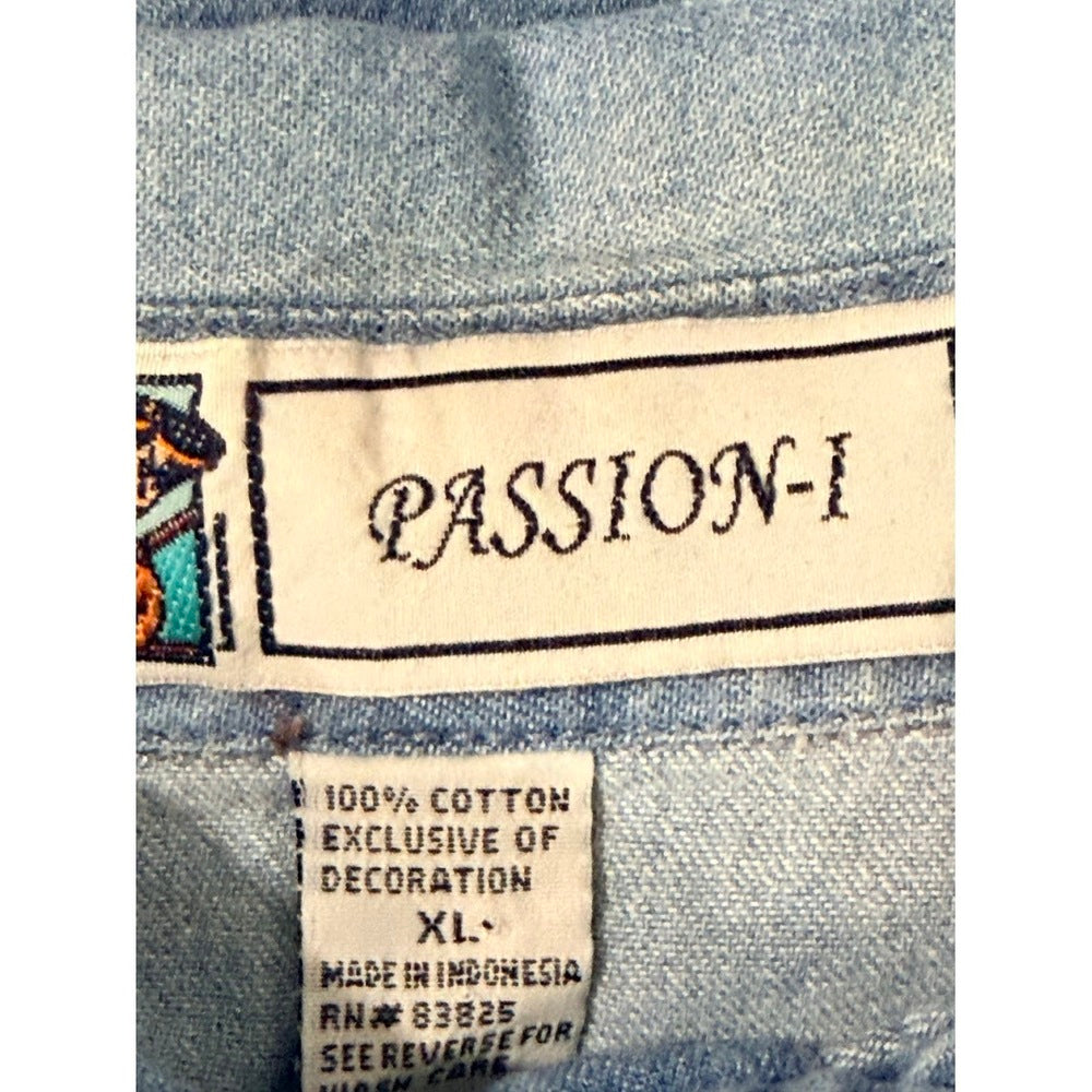 Vintage Floral Embroidered Short-Sleeve Denim Blouse by Passion-I Sz XL