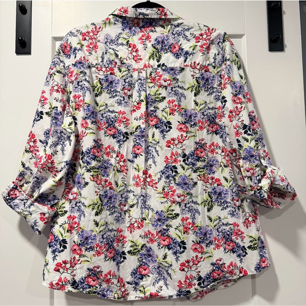Charter Club Romantic Floral Cotton Button Front Blouse Ladies Size 18