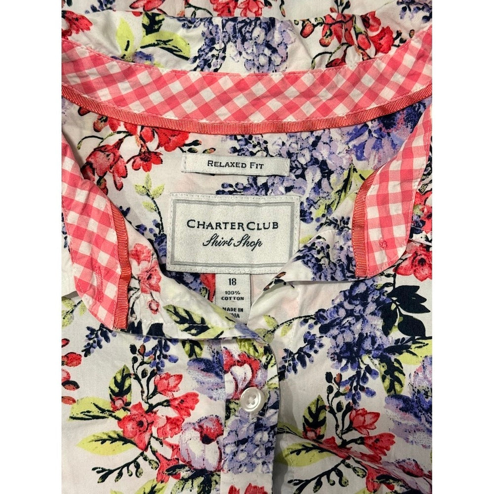 Charter Club Romantic Floral Cotton Button Front Blouse Ladies Size 18