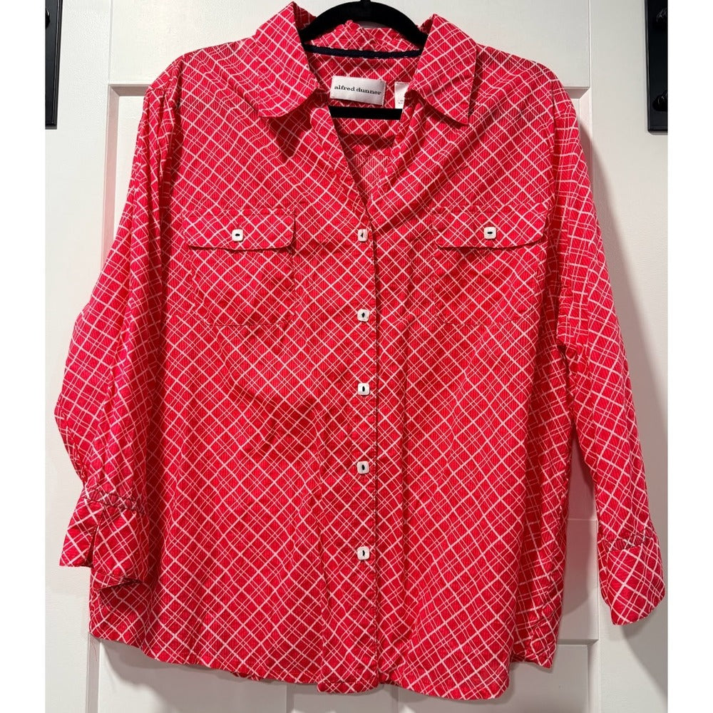 Vintage Alfred Dunner Button-Front 3/4-Sleeve Red & White Check Blouse Sz 18
