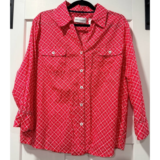 Vintage Alfred Dunner Button-Front 3/4-Sleeve Red & White Check Blouse Sz 18