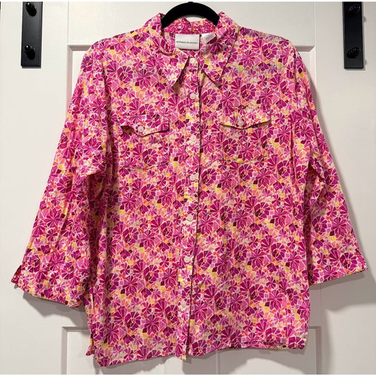 Alfred Dunner Lightweight Pink Floral Button-Front Blouse Ladies Sz 16