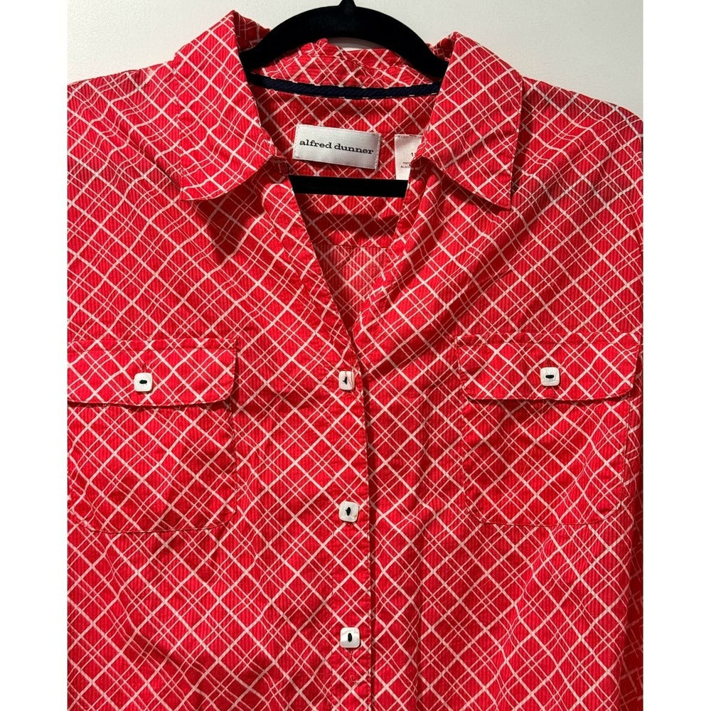 Vintage Alfred Dunner Button-Front 3/4-Sleeve Red & White Check Blouse Sz 18