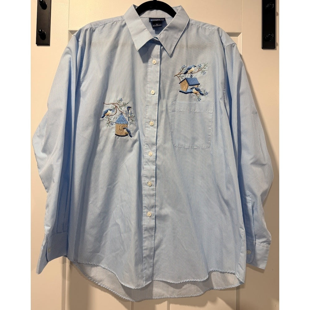 Vintage Las Olas Pinstripe Embroidered Bird Button-Front Blouse Size XL
