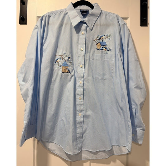 Vintage Las Olas Pinstripe Embroidered Bird Button-Front Blouse Size XL