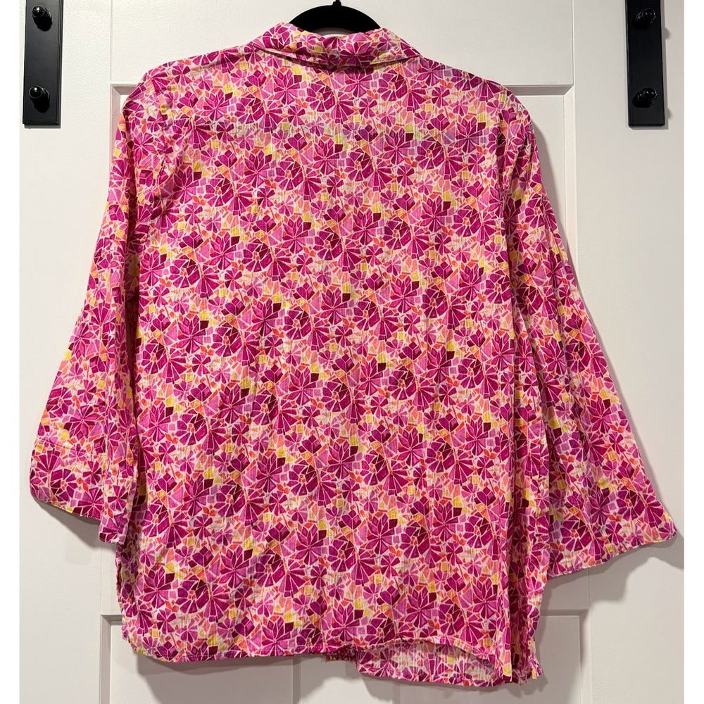 Alfred Dunner Lightweight Pink Floral Button-Front Blouse Ladies Sz 16