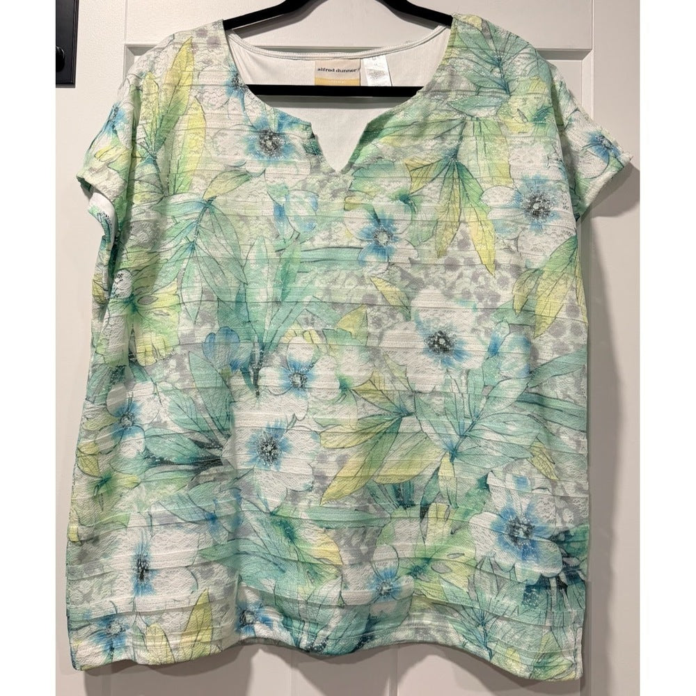 Alfred Dunner Green and Blue Floral Textured Tee Size 1X