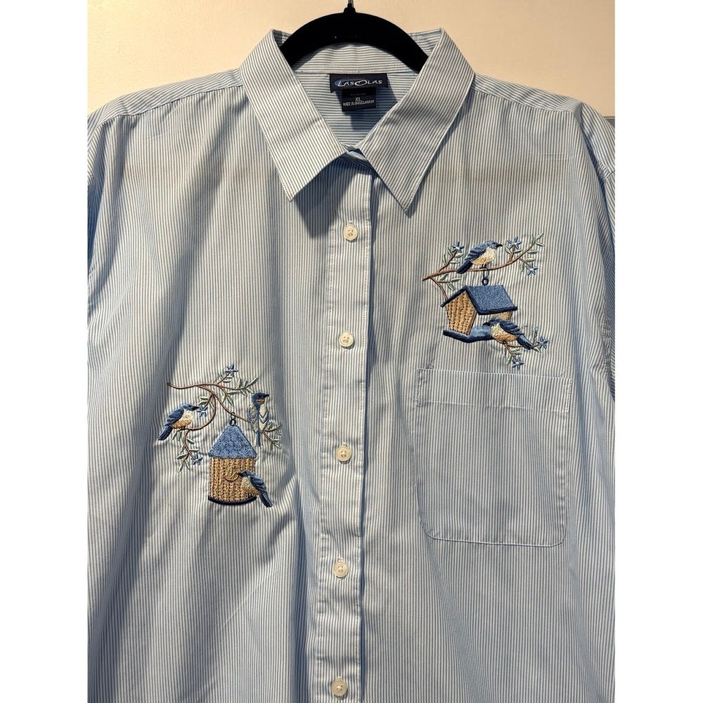Vintage Las Olas Pinstripe Embroidered Bird Button-Front Blouse Size XL
