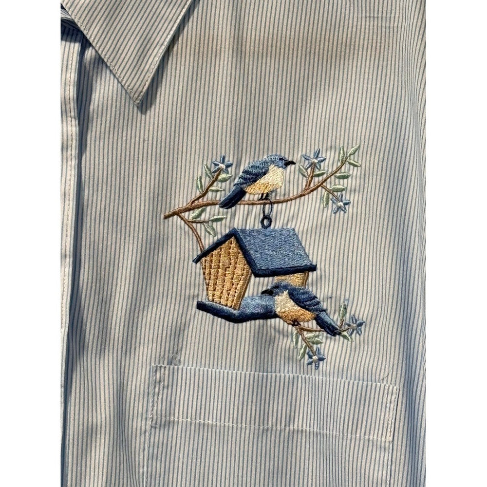 Vintage Las Olas Pinstripe Embroidered Bird Button-Front Blouse Size XL
