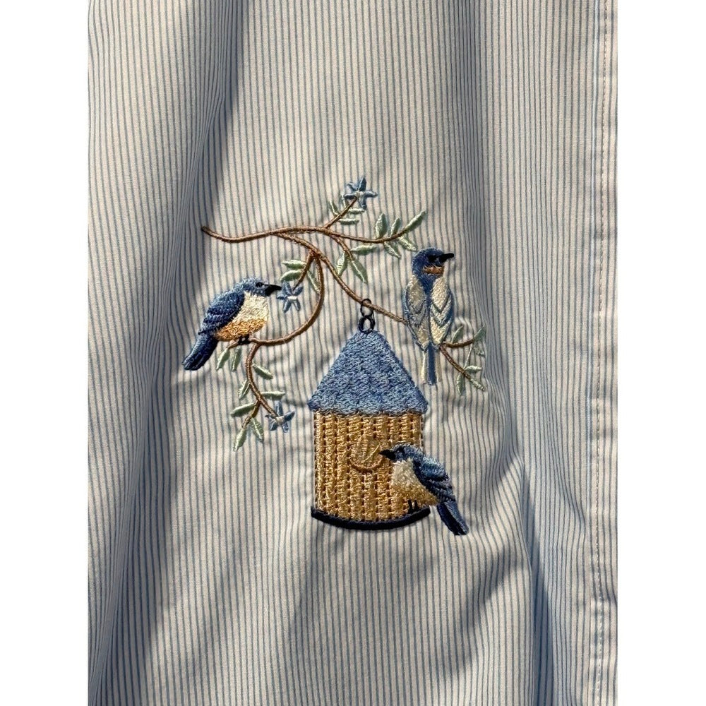 Vintage Las Olas Pinstripe Embroidered Bird Button-Front Blouse Size XL