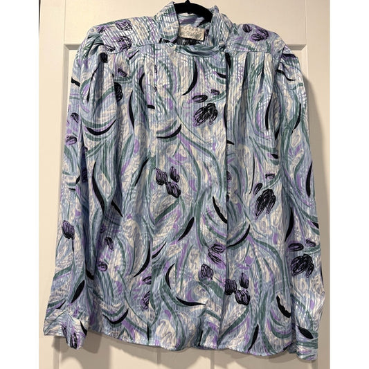 Vintage Peters & Ashley Floral Swirl Button Neck Polyester Blouse Size 12