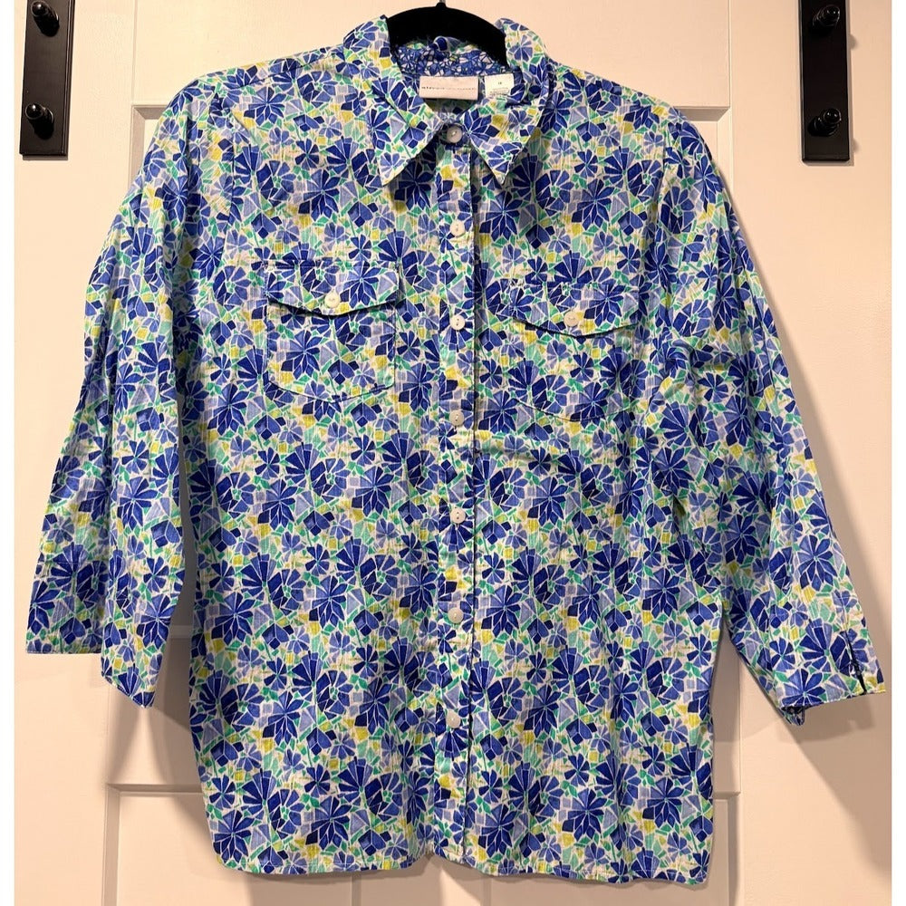Alfred Dunner Lightweight Blue Floral Button-Front Blouse Ladies Sz 16