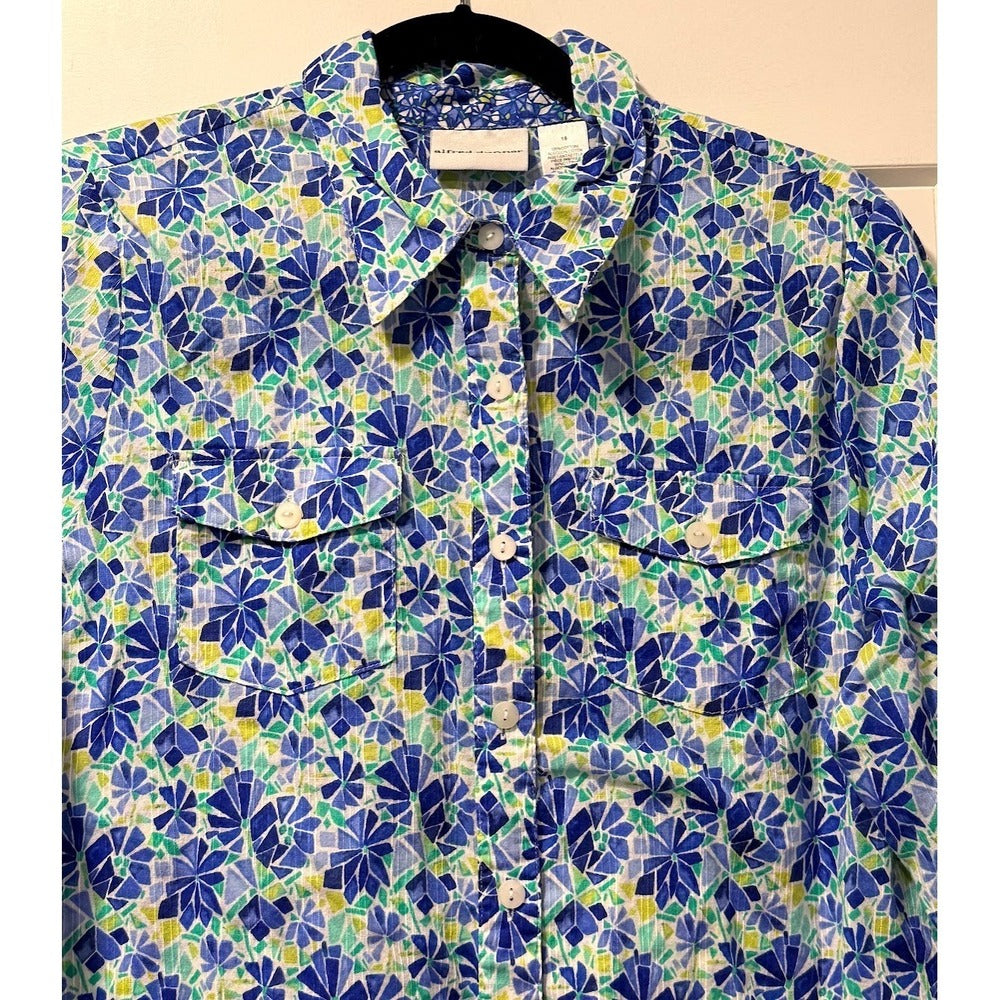 Alfred Dunner Lightweight Blue Floral Button-Front Blouse Ladies Sz 16