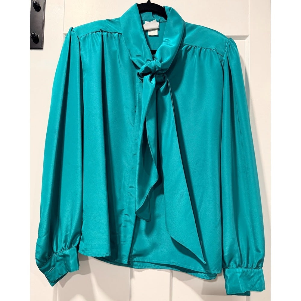 Vintage Teal London Fog Blouse With Scarf-Tie Neck Ladies Size 12