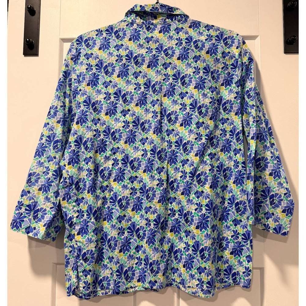 Alfred Dunner Lightweight Blue Floral Button-Front Blouse Ladies Sz 16