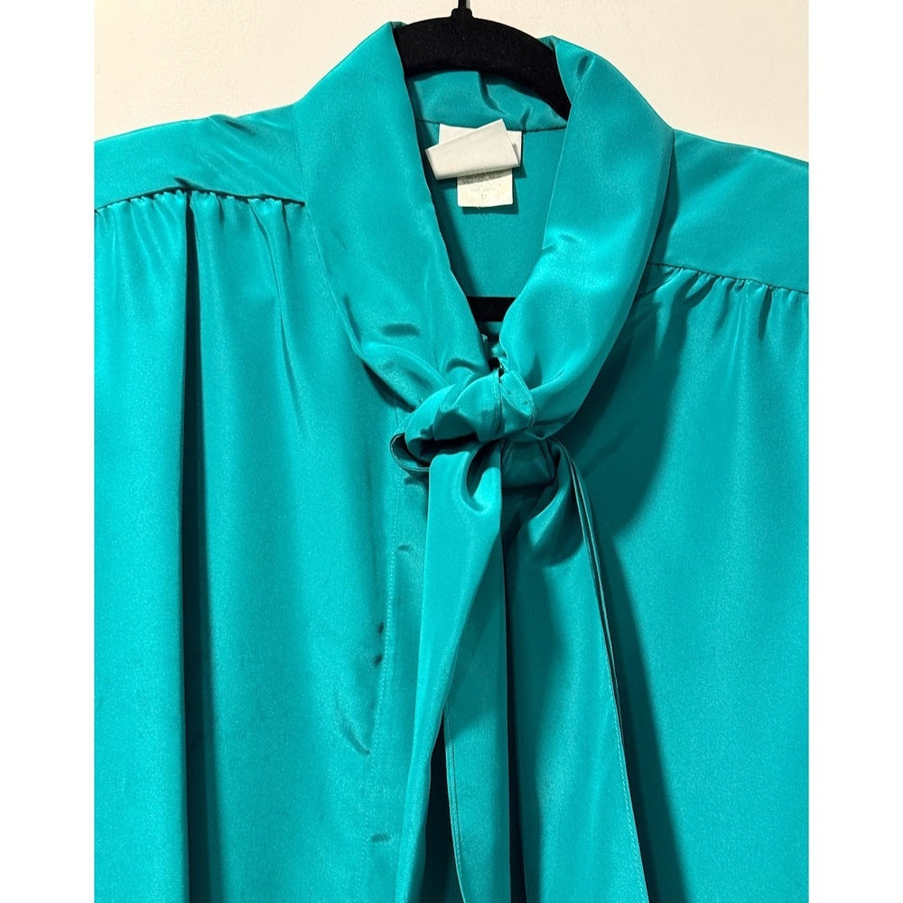 Vintage Teal London Fog Blouse With Scarf-Tie Neck Ladies Size 12