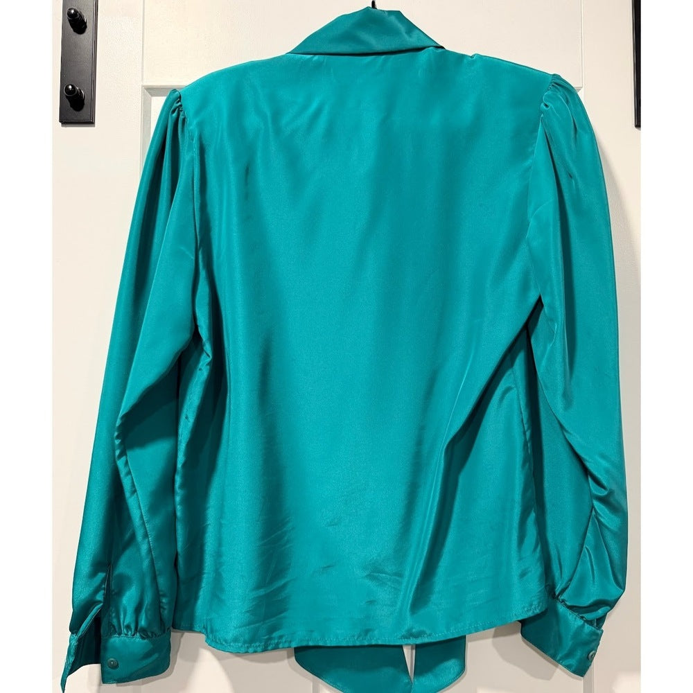 Vintage Teal London Fog Blouse With Scarf-Tie Neck Ladies Size 12