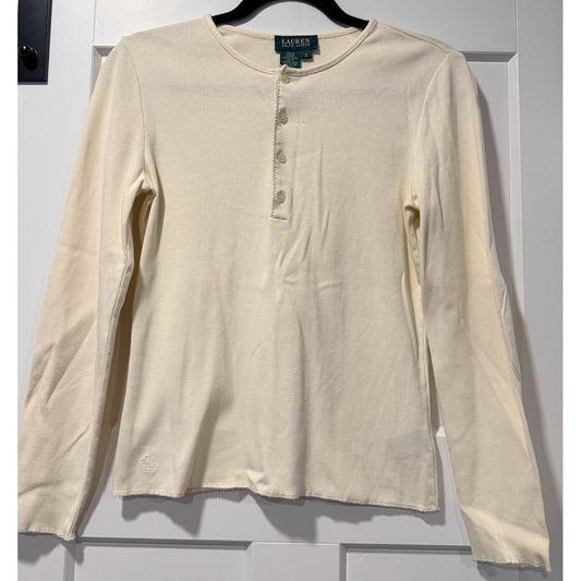 Cute Ralph Lauren Cream Henley Tee With Elbow Patches Size Small