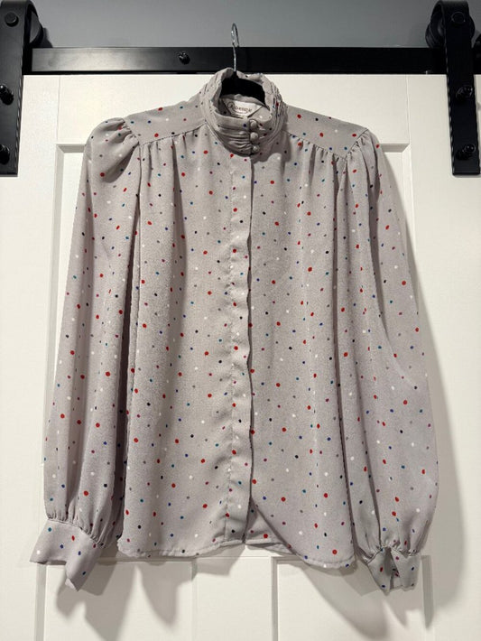 Vintage Alexandria Gray Polka Dot High Neck Blouse Ladies Size 8