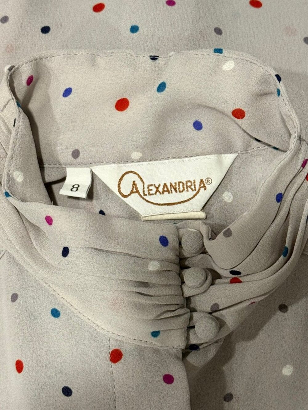 Vintage Alexandria Gray Polka Dot High Neck Blouse Ladies Size 8